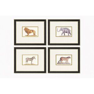 African Animal Safari Set 4 Prints Gallery Wall Decor Black and Gold Frame